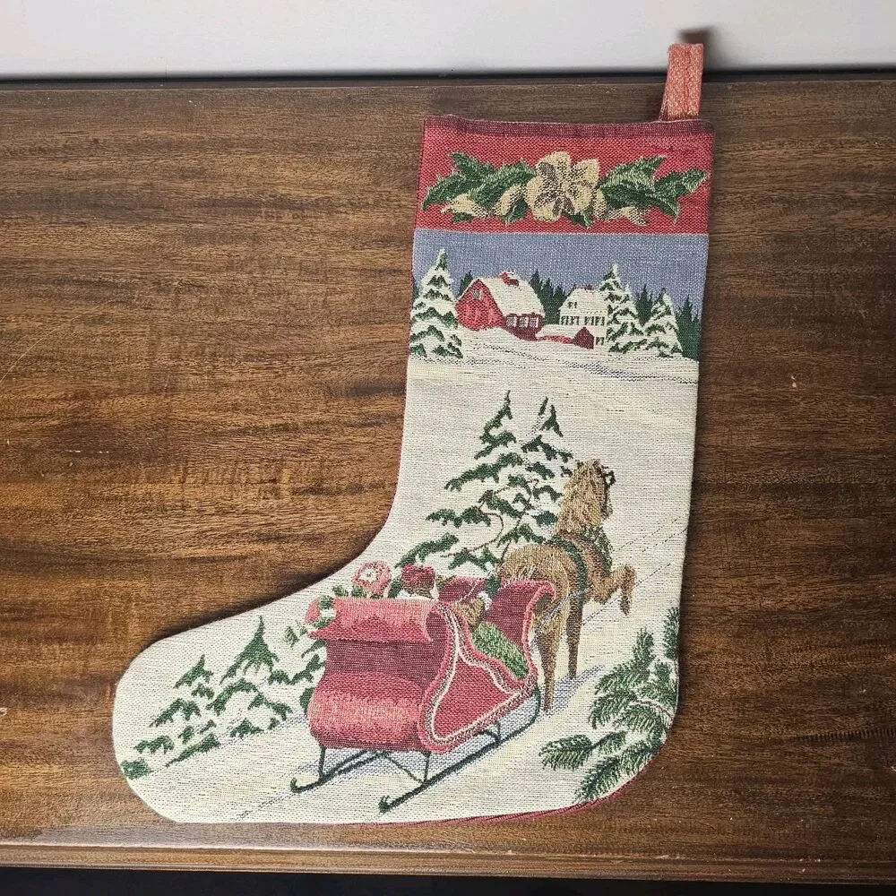Vintage 1990s Needlepoint Christmas Stocking – Winter Horse & Sleigh Scene